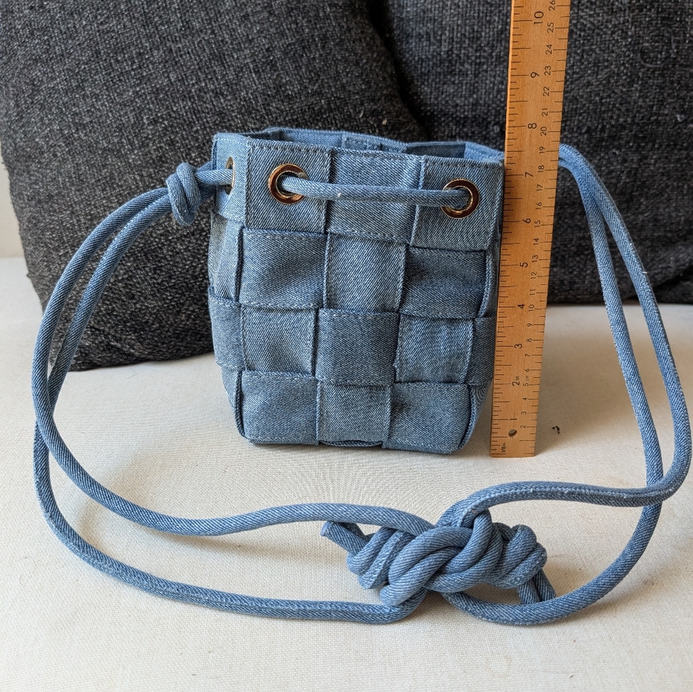 Blue Jean Woven Knot Detail Mini Bucket Crossbody Bag